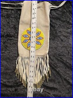 VTG Native American Sioux Plains Beaded Pipe Tobacco Bag Fringed with Copper Ends