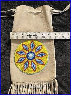 VTG Native American Sioux Plains Beaded Pipe Tobacco Bag Fringed with Copper Ends