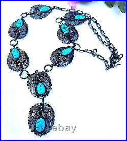 VTG Navajo Turquoise Sterling Silver Levalier Bib Necklace Signed TED JOE 24