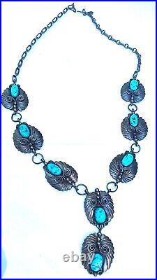 VTG Navajo Turquoise Sterling Silver Levalier Bib Necklace Signed TED JOE 24