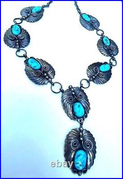 VTG Navajo Turquoise Sterling Silver Levalier Bib Necklace Signed TED JOE 24