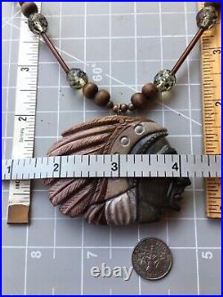 VTG Oregon Jasper From Succor Creek? 2 Sided Indian Head Pendant Necklace 84g