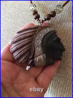 VTG Oregon Jasper From Succor Creek? 2 Sided Indian Head Pendant Necklace 84g