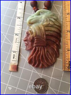 VTG Solid Jasper Huge 3 Etched Indian Head Pendant And Eagle 18 109g? NICE