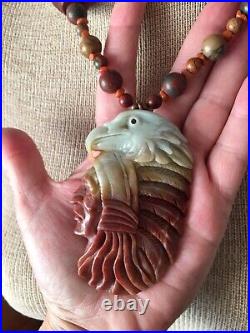 VTG Solid Jasper Huge 3 Etched Indian Head Pendant And Eagle 18 109g? NICE