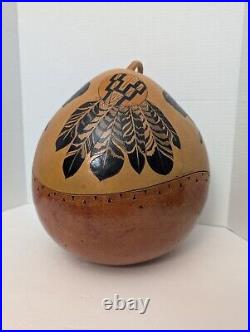 Very Large Native American Hand Painted Gourd Feathers And Buffalo Design