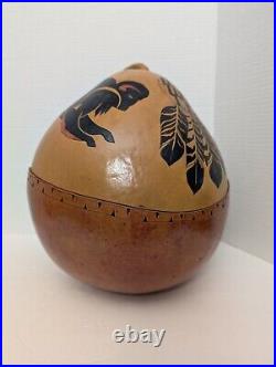 Very Large Native American Hand Painted Gourd Feathers And Buffalo Design