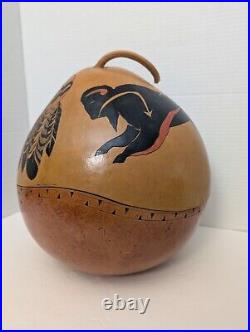 Very Large Native American Hand Painted Gourd Feathers And Buffalo Design