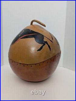 Very Large Native American Hand Painted Gourd Feathers And Buffalo Design