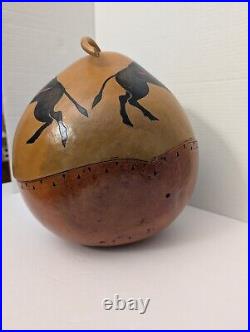 Very Large Native American Hand Painted Gourd Feathers And Buffalo Design