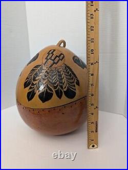 Very Large Native American Hand Painted Gourd Feathers And Buffalo Design