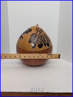 Very Large Native American Hand Painted Gourd Feathers And Buffalo Design