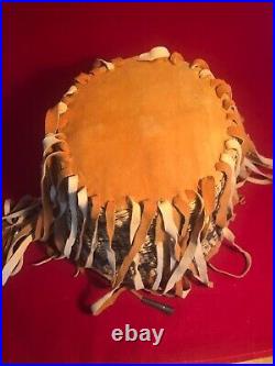 Vintage Apache Buckskin Burden Basket Handwoven Native American Jingle Cones
