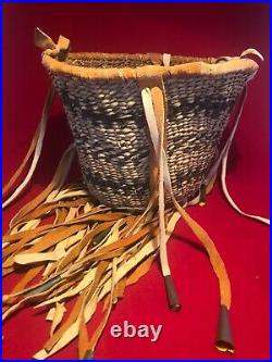 Vintage Apache Buckskin Burden Basket Handwoven Native American Jingle Cones