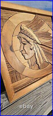 Vintage Carved Wooden Native American Chief Signed Cedar Wall Art Handmade 25x25