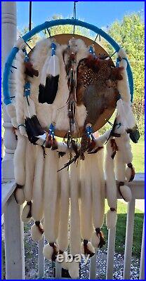 Vintage Dream Catcher Native American Mandala Huge 51 Fur Wool Feathers Beaded