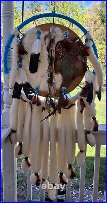 Vintage Dream Catcher Native American Mandala Huge 51 Fur Wool Feathers Beaded