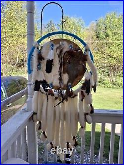 Vintage Dream Catcher Native American Mandala Huge 51 Fur Wool Feathers Beaded