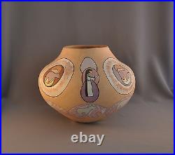 Vintage Hand Coiled Olla Pot Native American Design Mica & Warm Pastel Colors