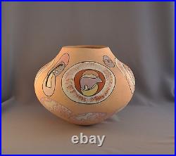 Vintage Hand Coiled Olla Pot Native American Design Mica & Warm Pastel Colors