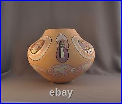 Vintage Hand Coiled Olla Pot Native American Design Mica & Warm Pastel Colors