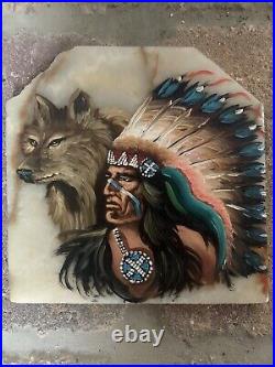 Vintage Hand Painted Native American/ Indian/ Wolf/ Water Bearer Woman Marble