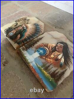 Vintage Hand Painted Native American/ Indian/ Wolf/ Water Bearer Woman Marble