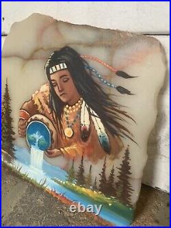 Vintage Hand Painted Native American/ Indian/ Wolf/ Water Bearer Woman Marble