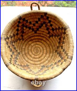 Vintage Hopi or Papago Native American Coil Basket Bowl Star Pattern Handles