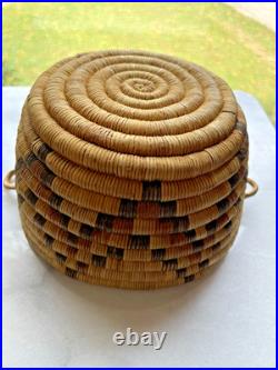 Vintage Hopi or Papago Native American Coil Basket Bowl Star Pattern Handles