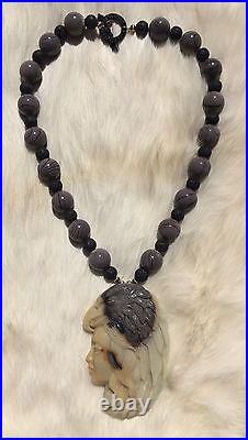 Vintage Large Hand Carved Amazonite Native American Indian Head Pendant Necklace