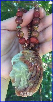 Vintage Large Hand Carved Amazonite Native American Indian Head Pendant Necklace