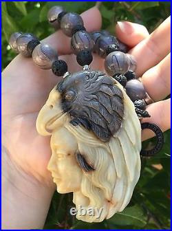 Vintage Large Hand Carved Amazonite Native American Indian Head Pendant Necklace