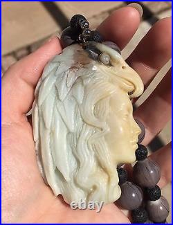 Vintage Large Hand Carved Amazonite Native American Indian Head Pendant Necklace