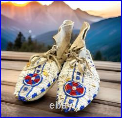 Vintage Native American Beaded Moccasins Medicine Wheel Sun Cross Cheyenne c1880