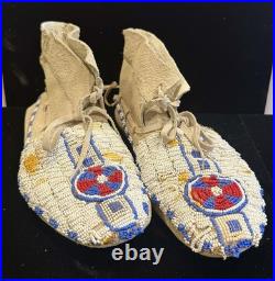 Vintage Native American Beaded Moccasins Medicine Wheel Sun Cross Cheyenne c1880