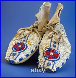 Vintage Native American Beaded Moccasins Medicine Wheel Sun Cross Cheyenne c1880