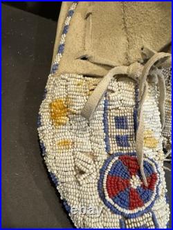 Vintage Native American Beaded Moccasins Medicine Wheel Sun Cross Cheyenne c1880