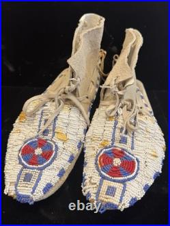 Vintage Native American Beaded Moccasins Medicine Wheel Sun Cross Cheyenne c1880