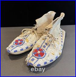 Vintage Native American Beaded Moccasins Medicine Wheel Sun Cross Cheyenne c1880