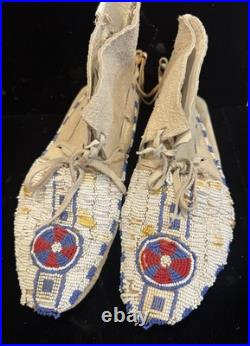 Vintage Native American Beaded Moccasins Medicine Wheel Sun Cross Cheyenne c1880