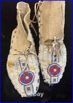 Vintage Native American Beaded Moccasins Medicine Wheel Sun Cross Cheyenne c1880