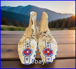 Vintage Native American Beaded Moccasins Medicine Wheel Sun Cross Cheyenne c1880