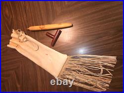 Vintage Native American Catlinite Stone Pipe With Stem & Fringed Leather Bag