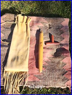 Vintage Native American Catlinite Stone Pipe With Stem & Fringed Leather Bag