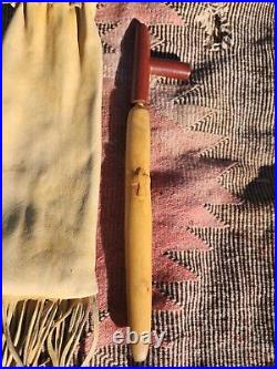 Vintage Native American Catlinite Stone Pipe With Stem & Fringed Leather Bag