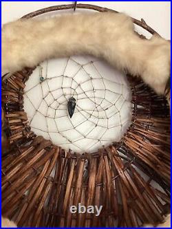 Vintage Native American DREAM CATCHER Rabbit Wool Pheasant Feathers Beads
