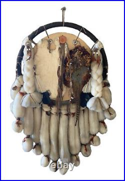 Vintage Native American DREAM CATCHER Rabbit Wool Pheasant Feathers Beads 48