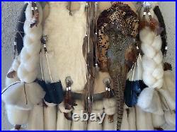 Vintage Native American DREAM CATCHER Rabbit Wool Pheasant Feathers Beads 48