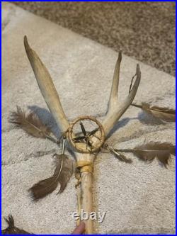 Vintage Native American Elk Antler Medicine Ceremonial Dance Stick Feathers